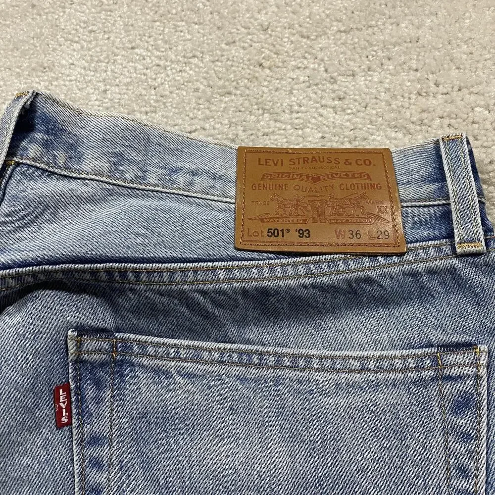 Levis 501 '93 Selvedge Jeans Mens 36x29 Blue Light Wash Straight Leg Premium
